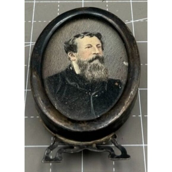 Antique Oval Portrait Sterling Frame Bearded Hand Painted Man Stand - Picture 1 of 7